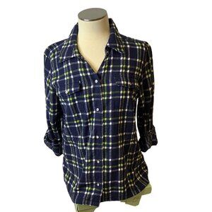 Christopher & Banks Women's shirt med 3/4 to full sleeve blue green plaid button